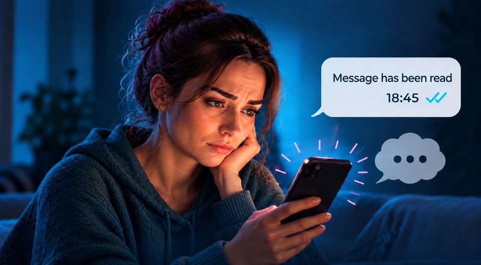 A young woman looks at her phone — the message was read at 6:45 PM