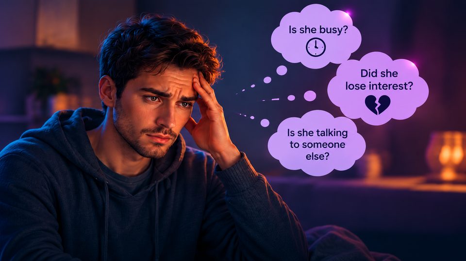 A young man thinks about possible explanations: busy, lost interest, seeing someone else