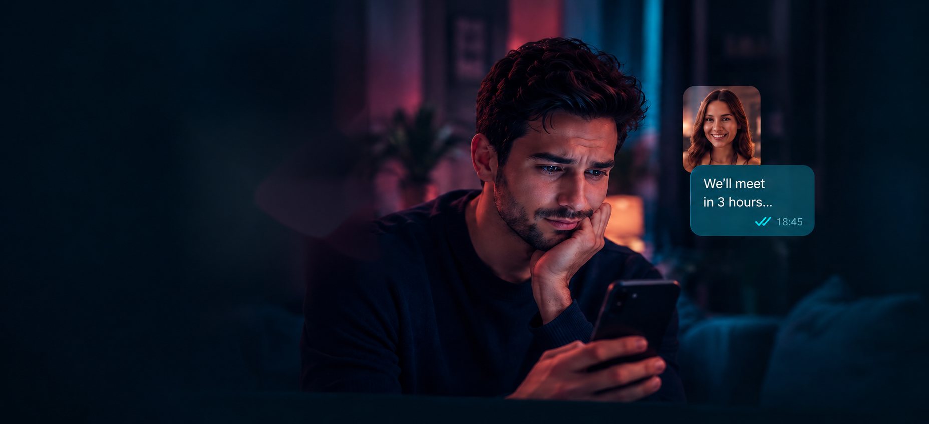 A young man looks at his phone anxiously, waiting for a reply