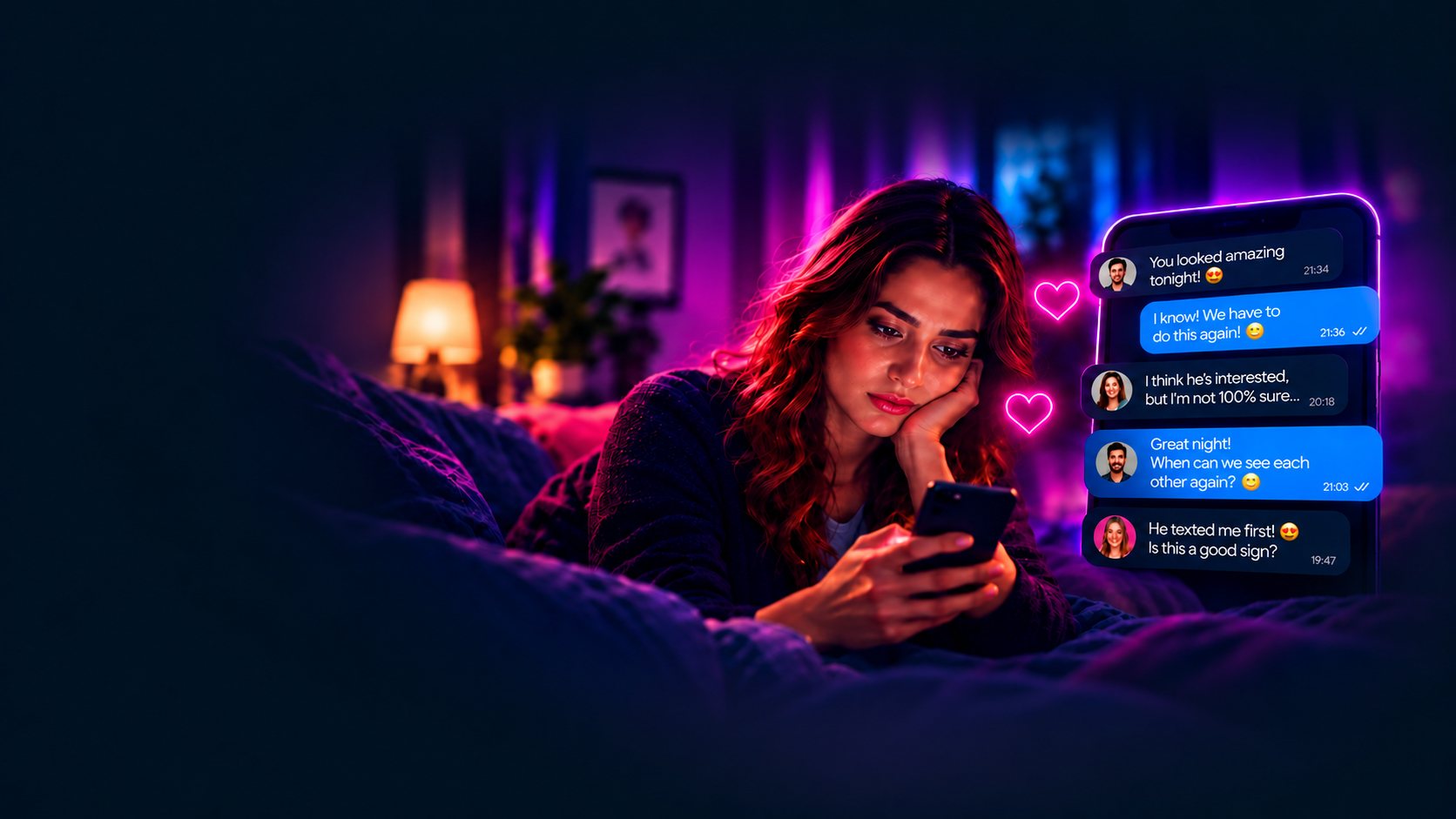 A young woman looks thoughtfully at her phone — next to her, messages like “He texted me first! Is this a good sign?”