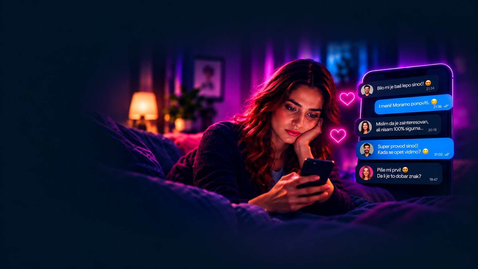 Devojka zamišljeno gleda u telefon — pored nje poruke poput „Piše mi prvi! Da li je to dobar znak?”